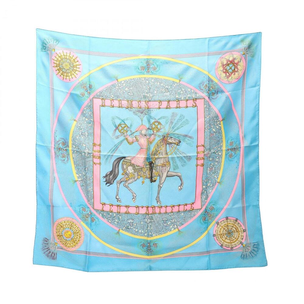 Hermes Carre 90 Feux D'Artifice Scarf/Muffler, Silk, Women's, Blue/Multicolor